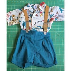 Vintage Sears Overalls Safari Animal Button Up Shirt Suspenders Toddler 4T